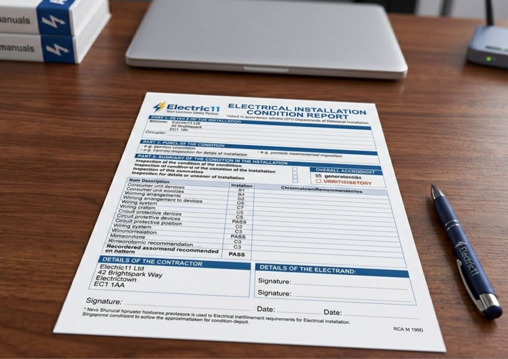 A close-up, high-angle shot of an Electrical Installation Condition Report (EICR) by Electric11 lying on a polished wooden desk. A branded blue pen rests beside the document. The background is a clean office setting with a laptop and technical manuals.