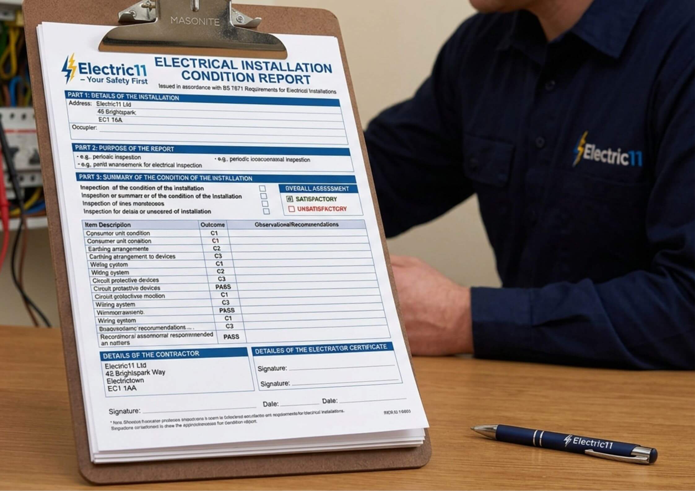 A person in a navy blue Electric11 uniform holds a clipboard featuring a completed EICR certificate. The background shows a partially visible consumer unit with colorful wiring, emphasizing a professional on-site inspection environment.