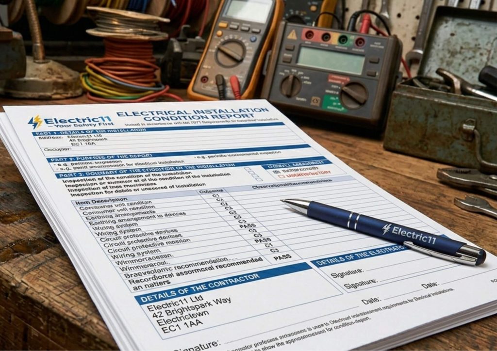An EICR certificate by Electric11 placed on a weathered wooden workbench. Surrounding the document are professional electrical testing tools, including a multimeter, wire reels, and pliers, creating a technical and industrious atmosphere.