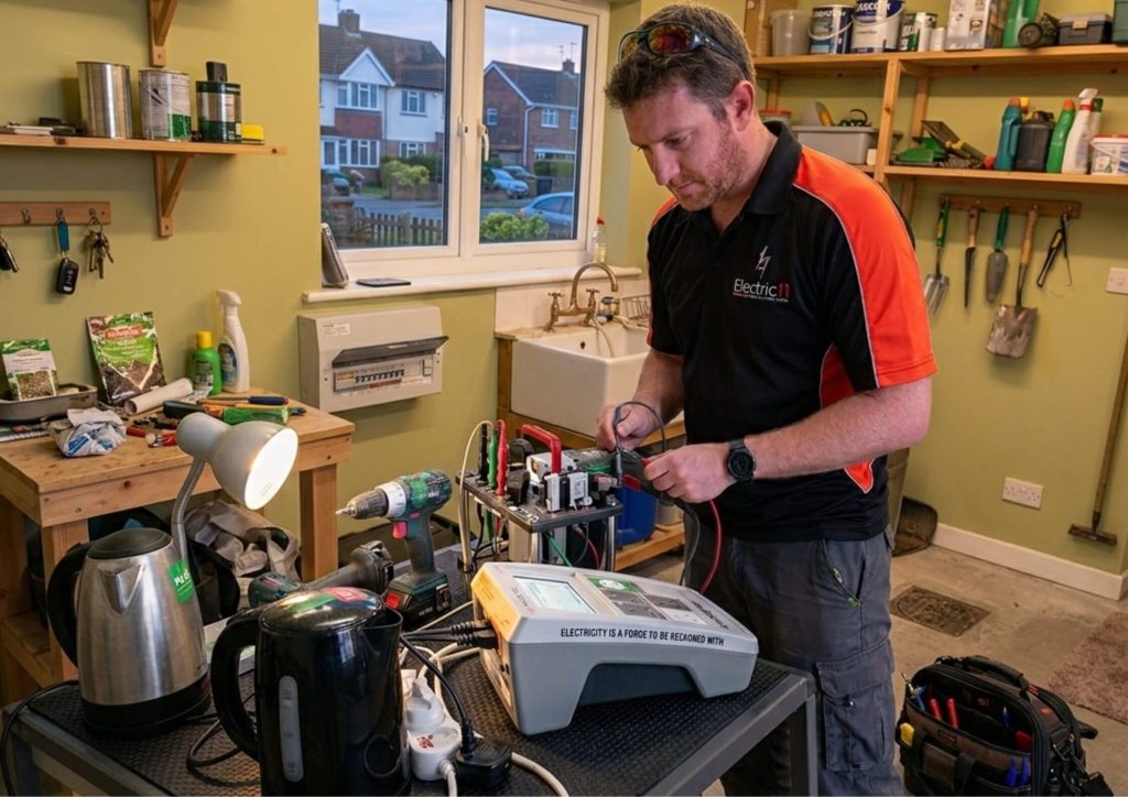 A male electrician in a professional Electric 11 uniform performs PAT testing in a residential-style utility room or garage. He is focused on testing a drill connected to a portable appliance tester. The table is crowded with household items being inspected, including two electric kettles and a desk lamp, with a window showing a suburban street in the background.
