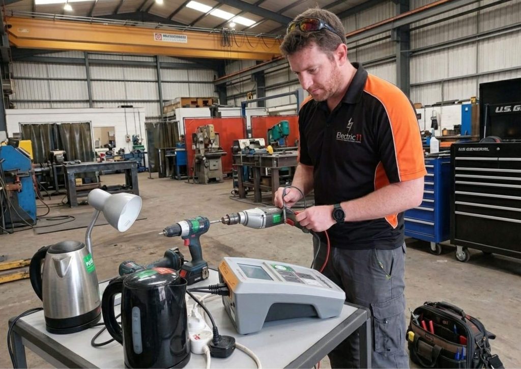 A wide-angle shot of an electrician from Electric 11 conducting PAT testing within a large industrial warehouse or factory setting. He is positioned at a mobile workbench with various tools and appliances, including kettles and drills. In the background, heavy machinery, tool chests, and an overhead gantry crane are visible.
