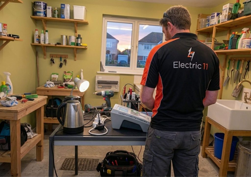 A rear-view shot of an electrician showing the Electric 11 logo on the back of his black and orange shirt. He is standing at a workbench in a green-walled workshop, operating a PAT testing machine. Various household appliances like a kettle and lamp are lined up for inspection, and organized shelving with paints and tools surrounds him.