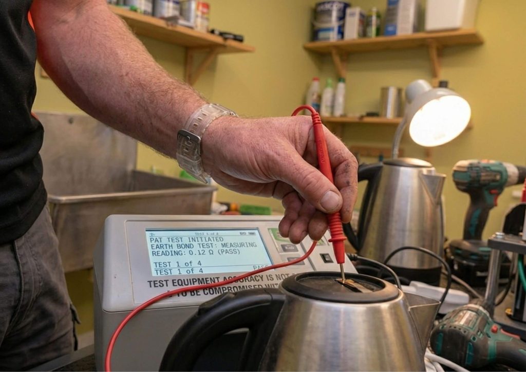 A close-up, detailed shot focusing on an electrician’s hand using a red test probe on the heating element of a stainless steel kettle. The screen of the PAT tester is clearly visible, displaying a passing "Earth Bond Test" reading of $0.12 \Omega$. The background shows the blurred interior of a workshop with tools and shelving.