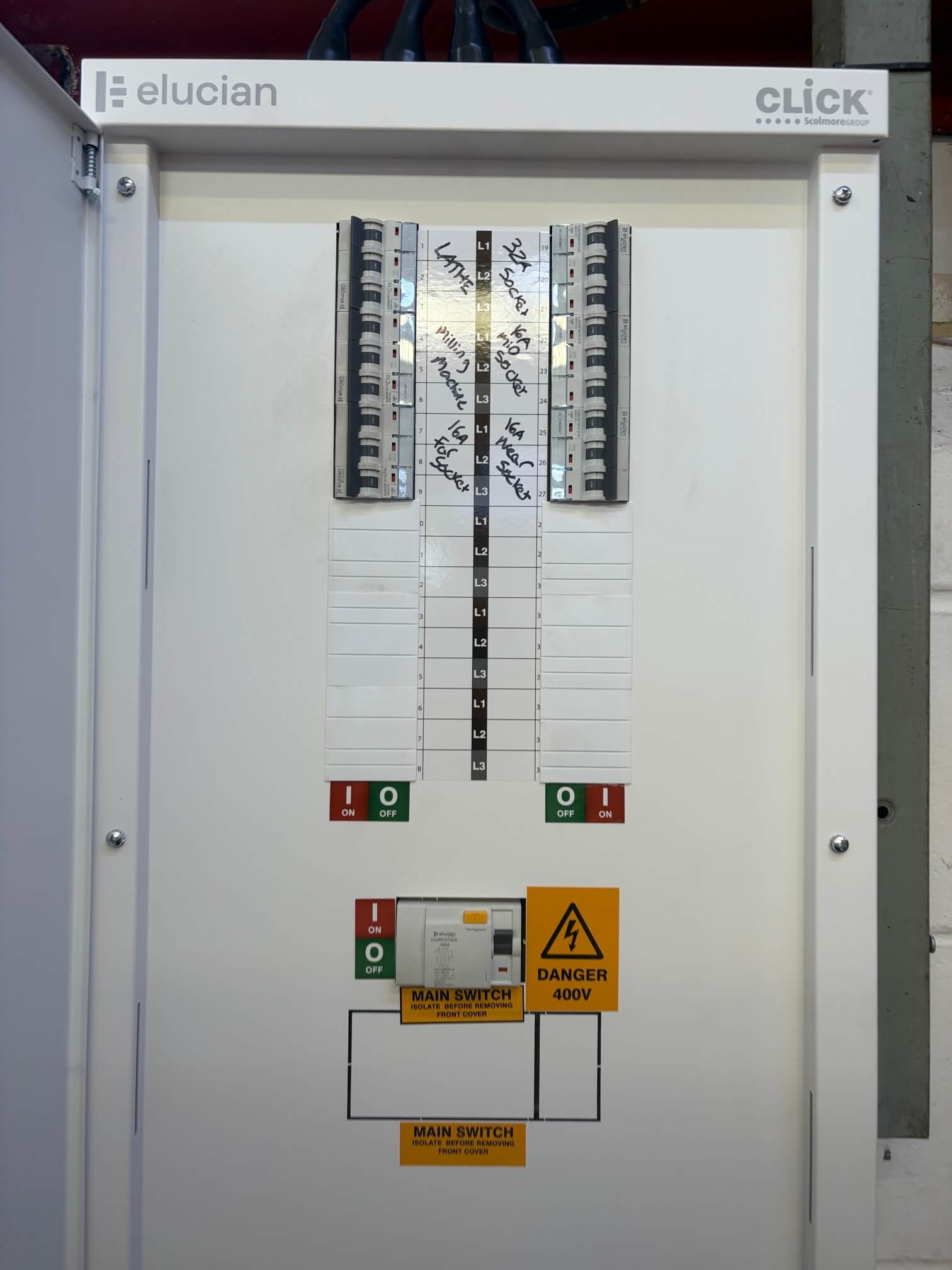 Completed Elucian Click three-phase DB2 with labelled protective devices