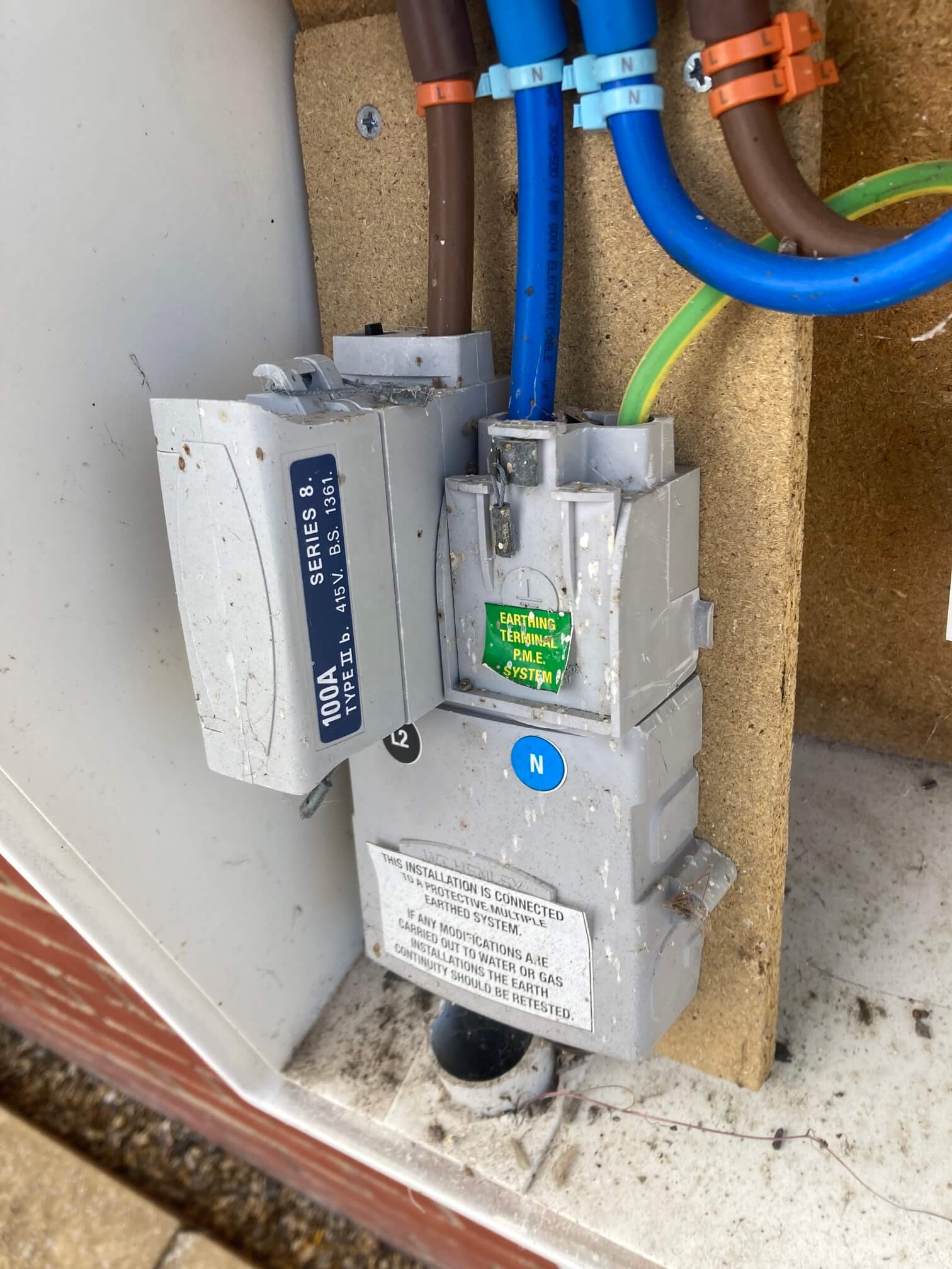 Existing PME intake and 100 amp service equipment at the property