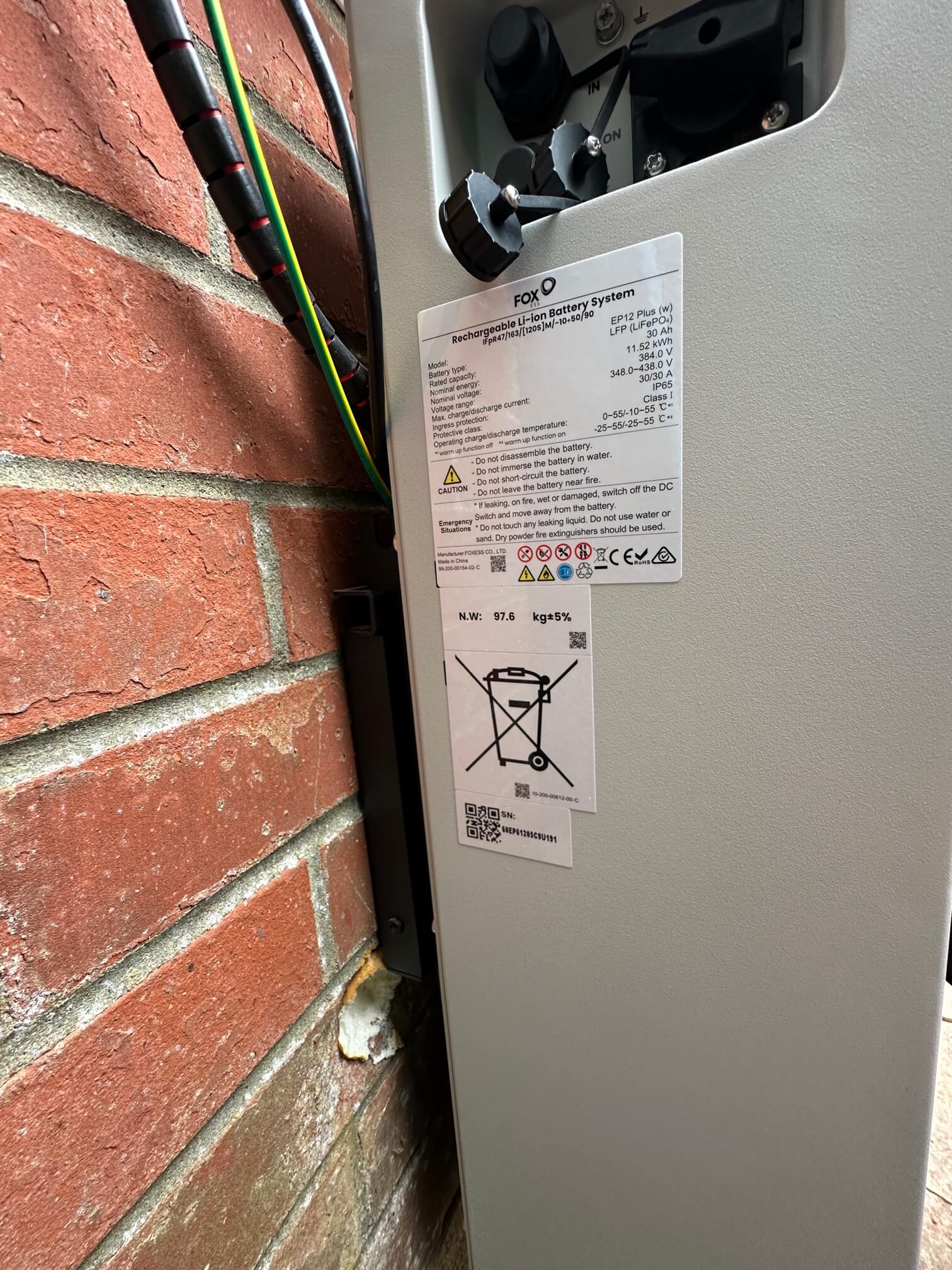 Fox ESS EP12 heated battery label showing 11.52 kWh capacity