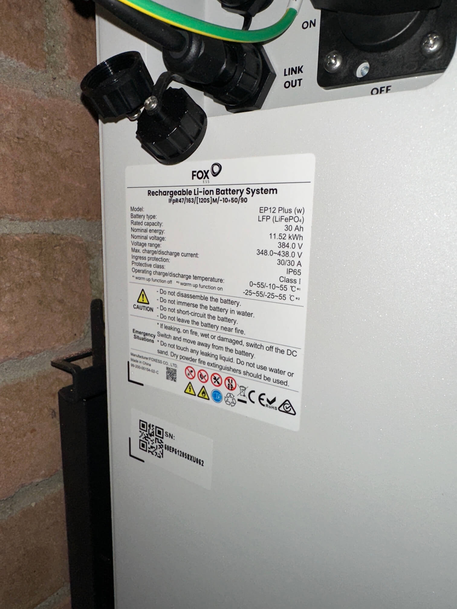 FOX ESS EP12 Plus battery label showing 11.52 kWh nominal capacity