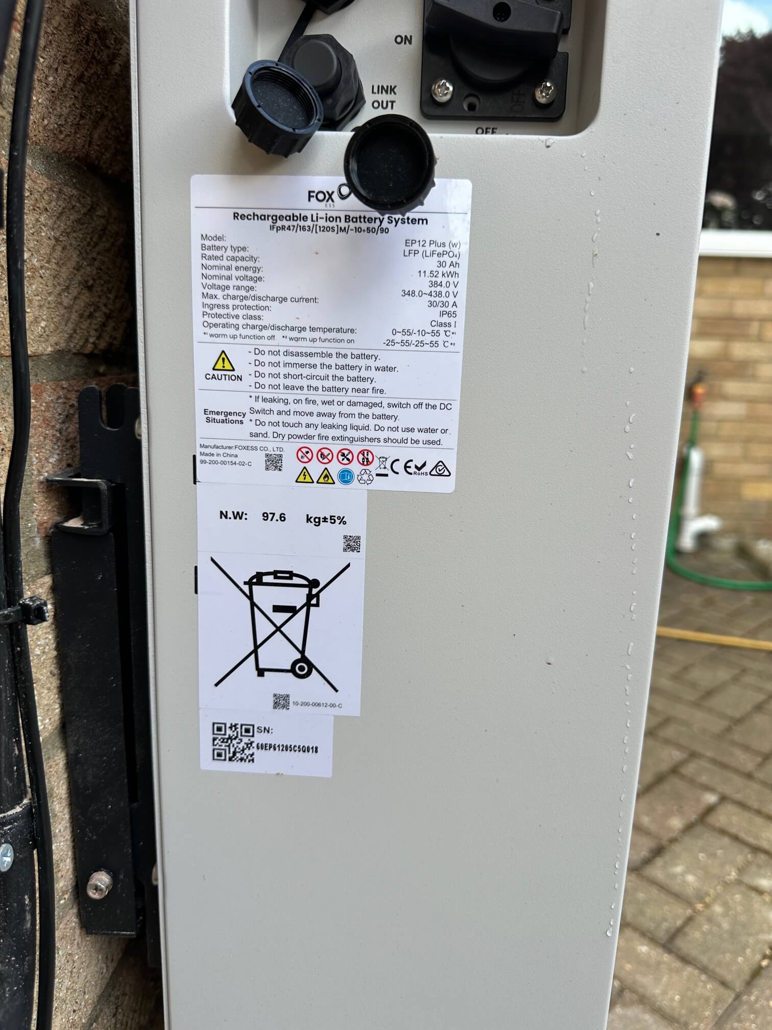Fox ESS EP12 Plus 11.52 kWh home battery rating label