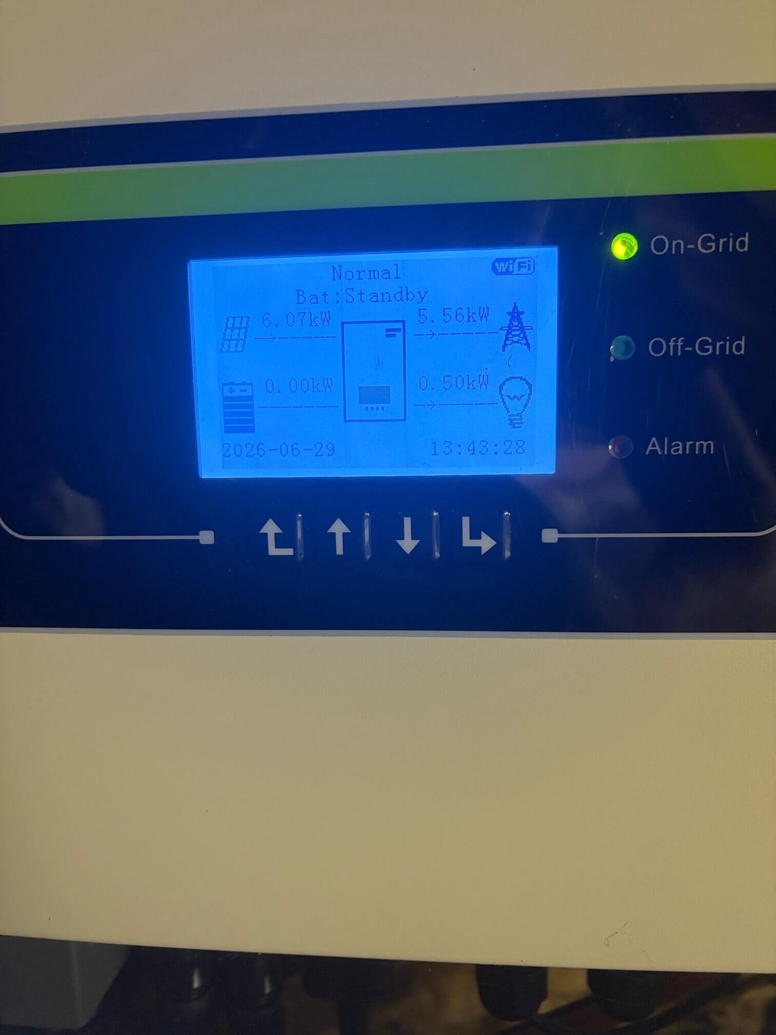 SOFAR inverter display showing live solar generation and household power flow
