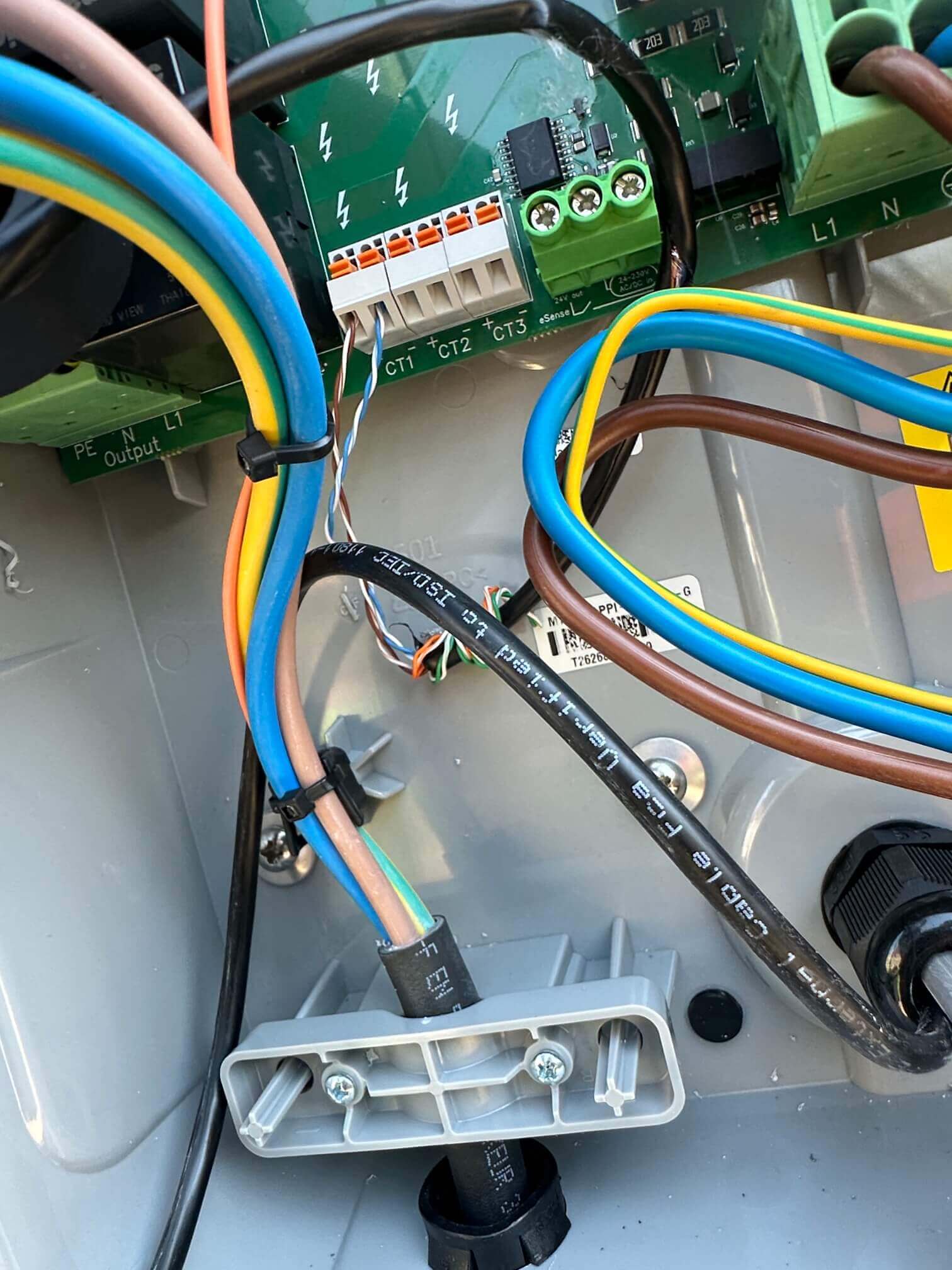 CT clamp and supply connections inside the Zappi charger for surplus solar control