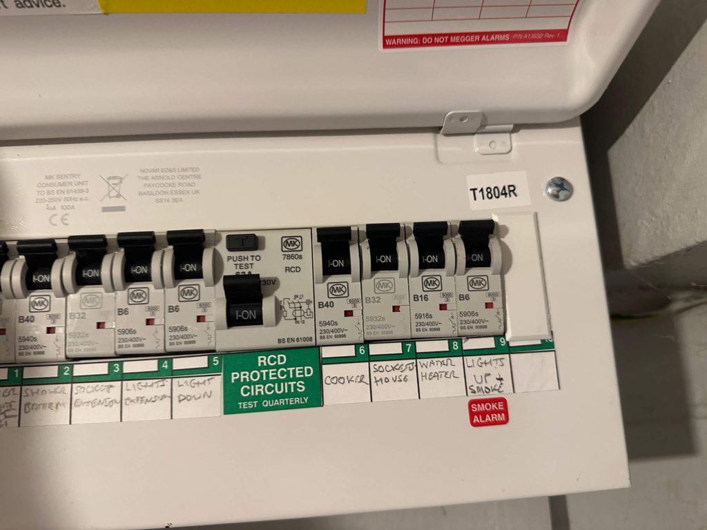 Existing consumer unit with labelled circuits and protective switches
