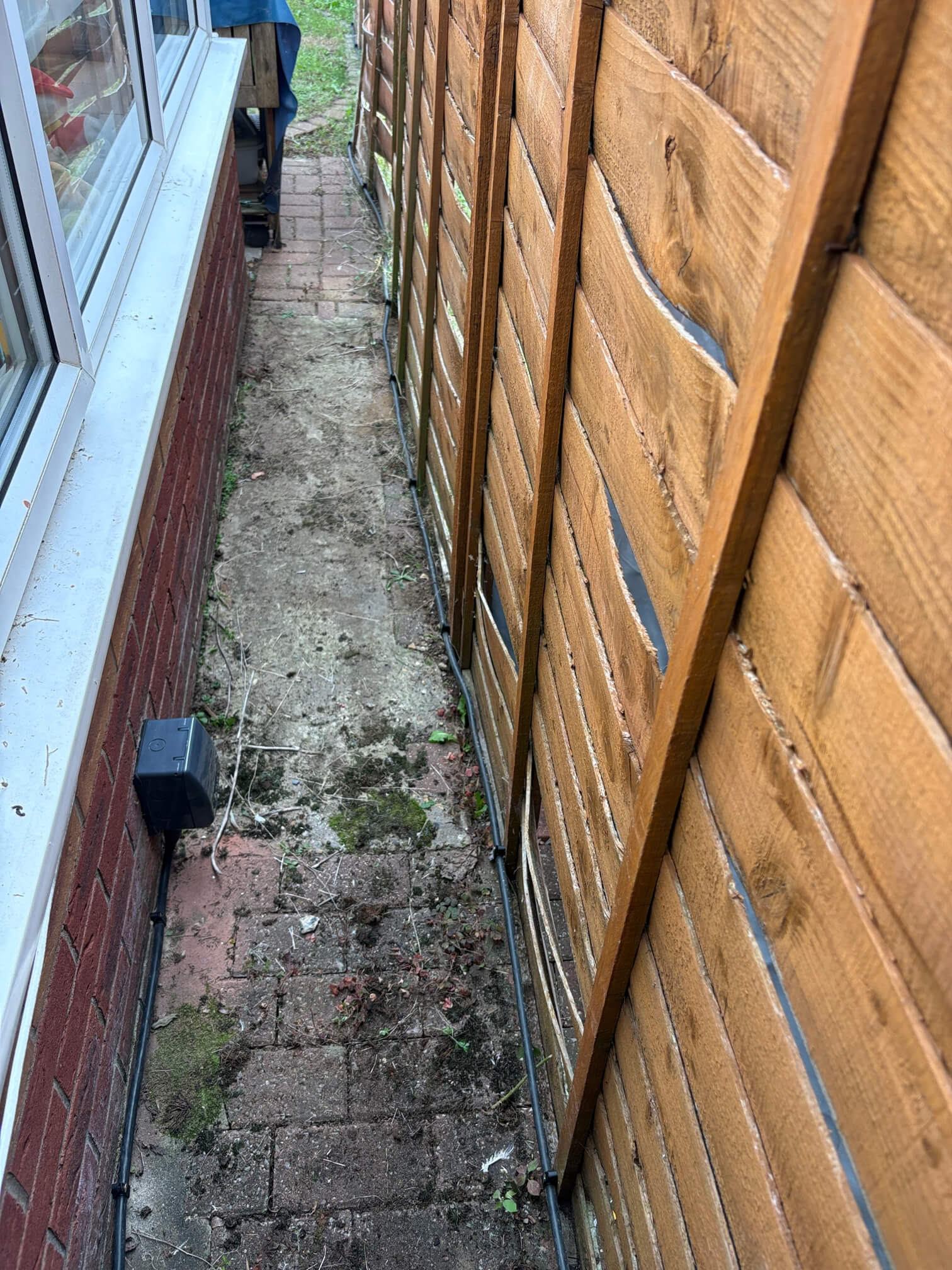 Shed supply cable running along the fence beside the property